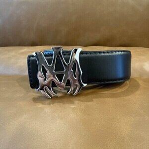AMIRI Faux Black Leather Belt Silver MA Belt Buckle for Men 36